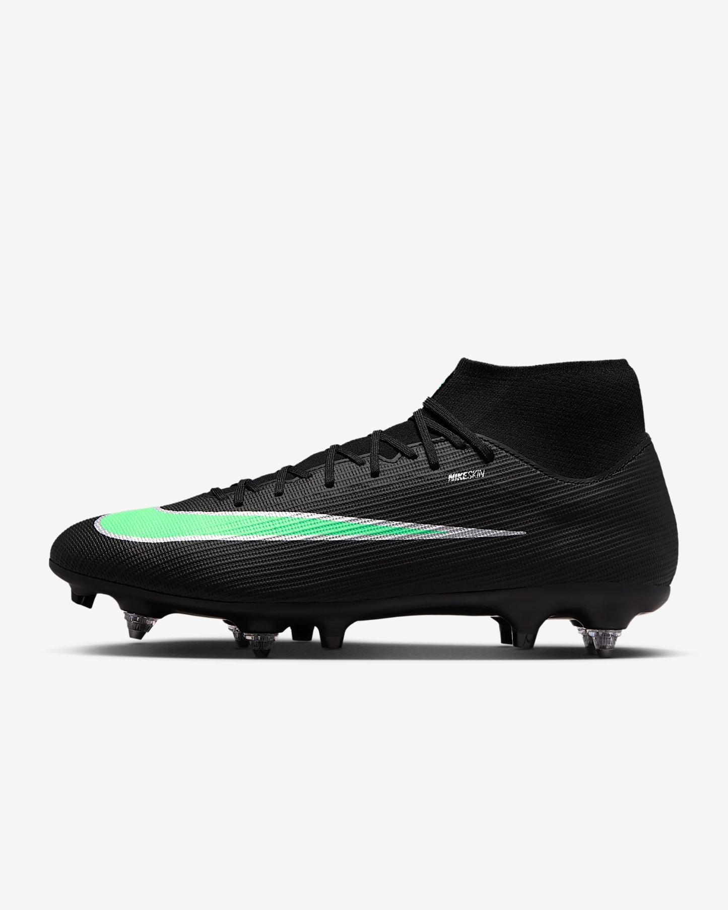 Nike Mercurial Superfly 11 Academy High-Top-Fußballschuh für weichen Rasen – Schwarz/Schwarz/Illusion Green