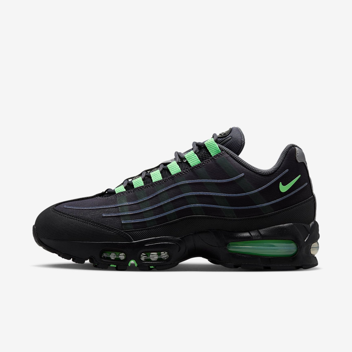 Nike Air Max 95 Big Bubble Tech Schuh (Herren) – Iron Grey/Schwarz/Metallic Silver/Illusion Green