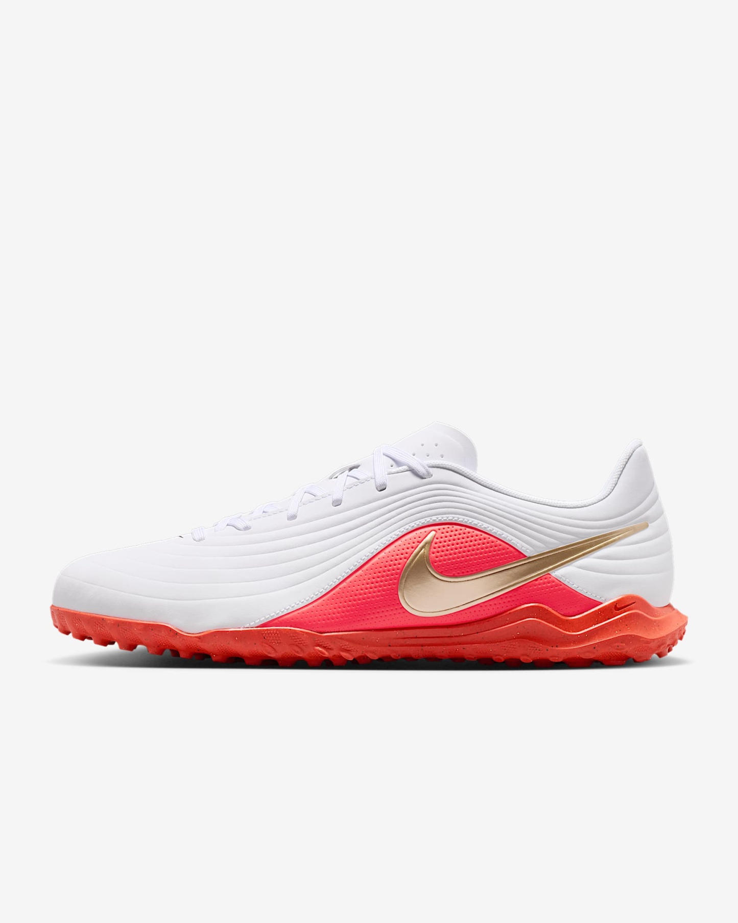 Nike Tiempo Maestro Club Low-Top-Fußballschuh für Turf – Weiß/Bright Crimson/Blur