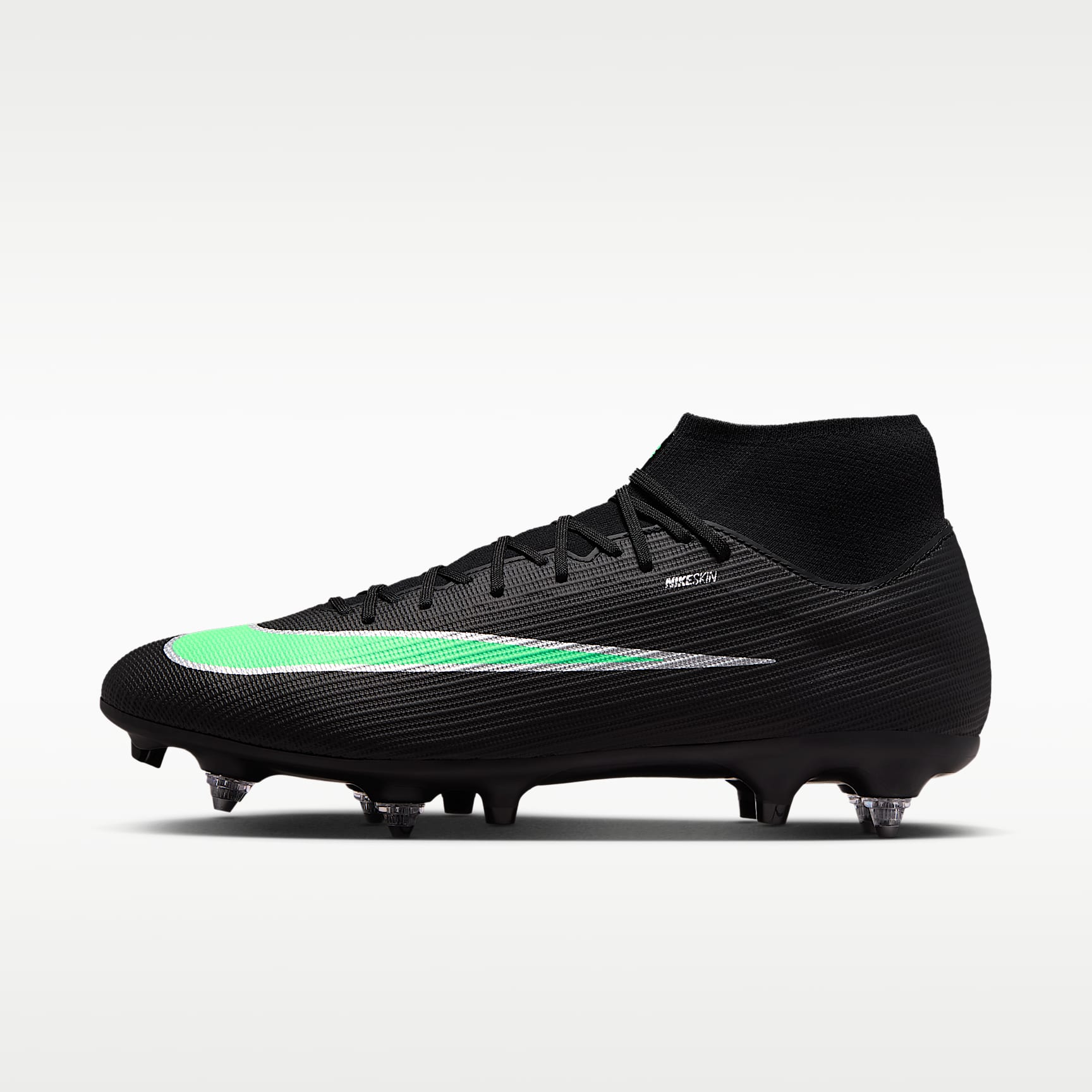 Nike Mercurial Superfly 11 Academy High-Top-Fußballschuh für weichen Rasen – Schwarz/Schwarz/Illusion Green