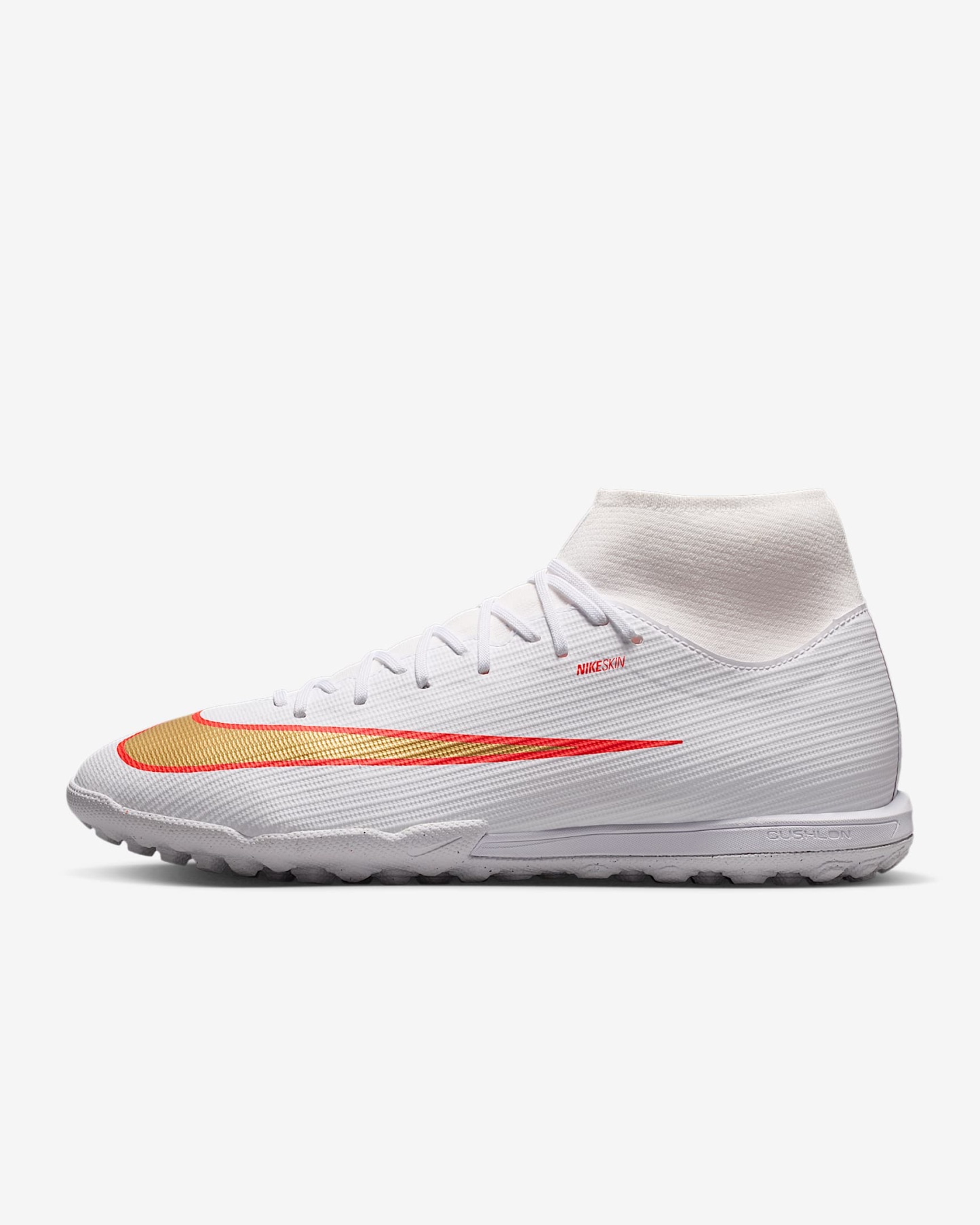 Nike Mercurial Superfly 11 Academy High-Top-Fußballschuh für Turf – Weiß/Bright Crimson/Blur