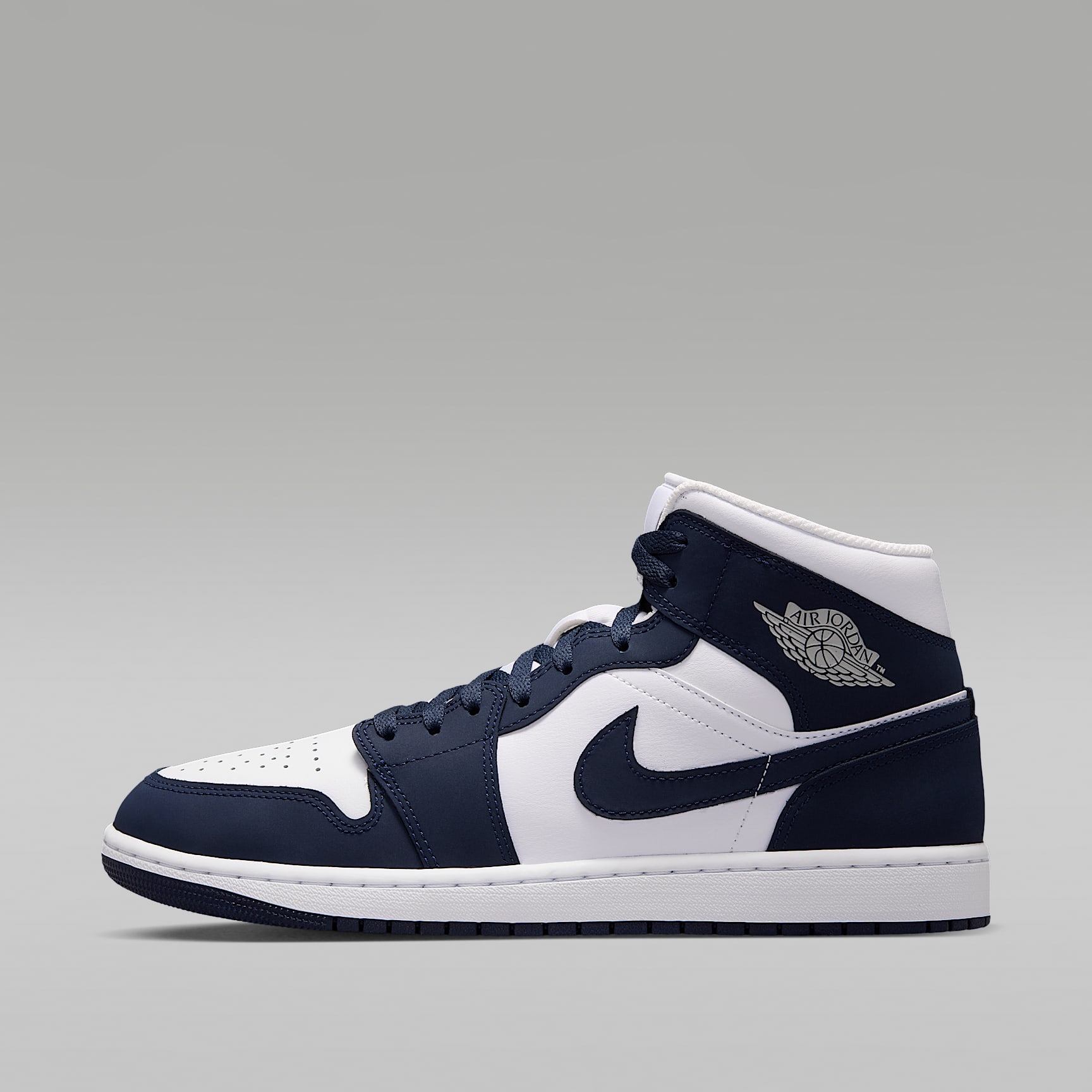 Air Jordan 1 Mid Schuh (Herren) – Obsidian/Weiß/Grey Fog/Obsidian