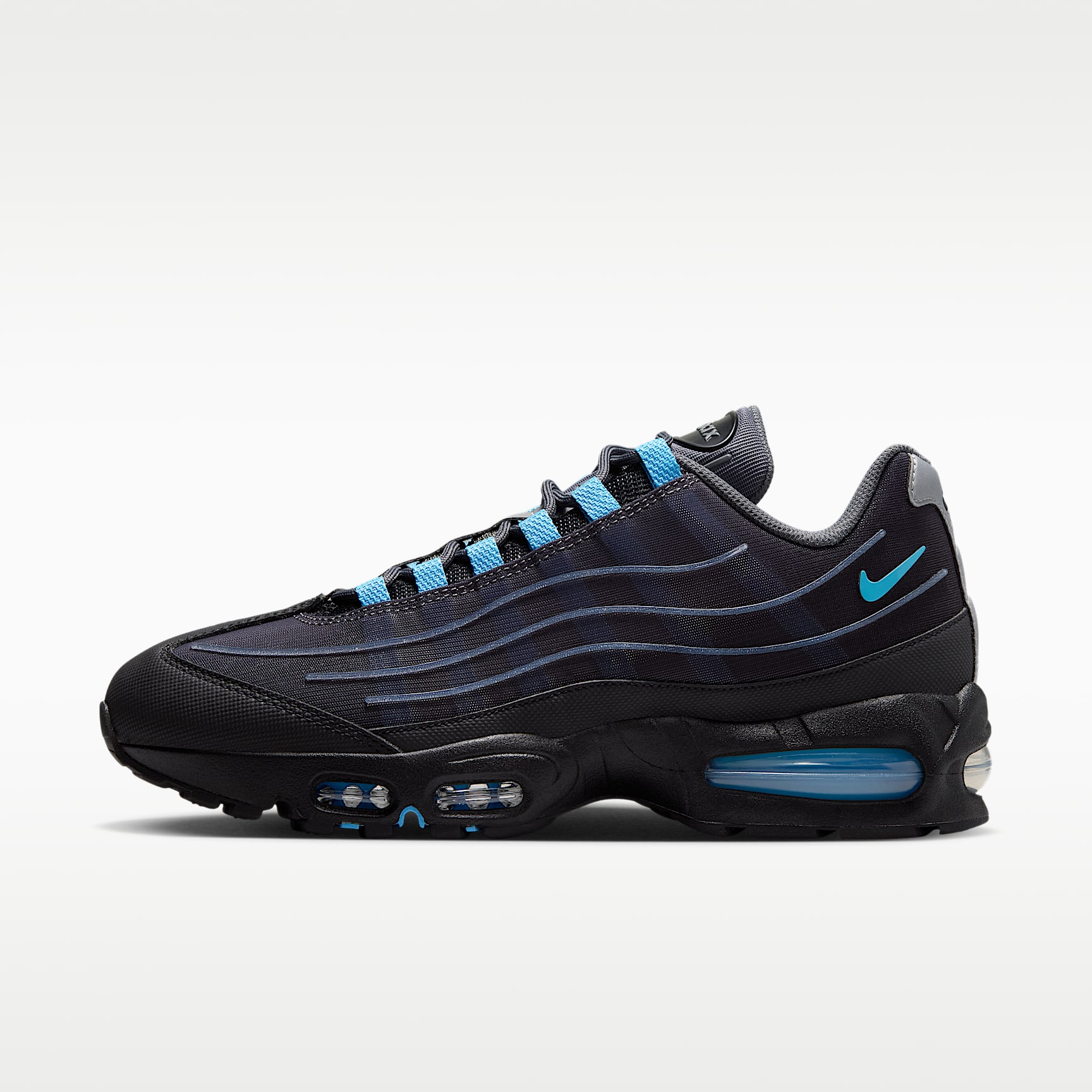 Nike Air Max 95 Big Bubble Tech Schuh (Herren) – Schwarz/Iron Grey/Metallic Silver/University Blue