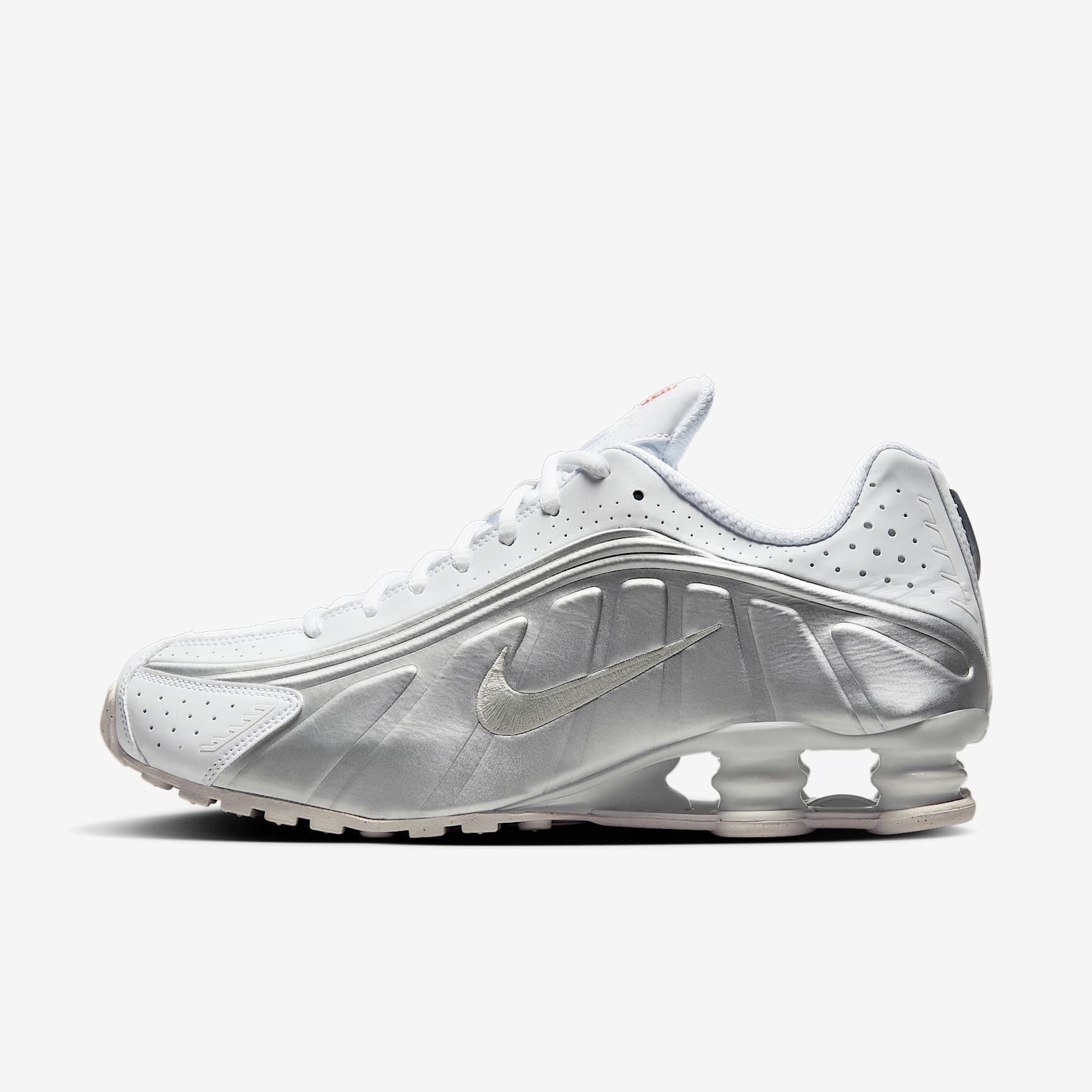 Nike Shox R4 Schuh (Herren) – Weiß/Weiß/Bright Crimson/Metallic Silver
