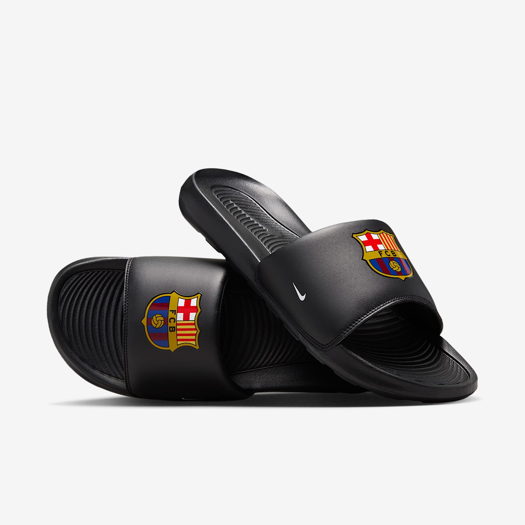 FC Barcelona Victori One Nike Fußball-Slides (Herren) – Schwarz/Midwest Gold/Imperial Purple