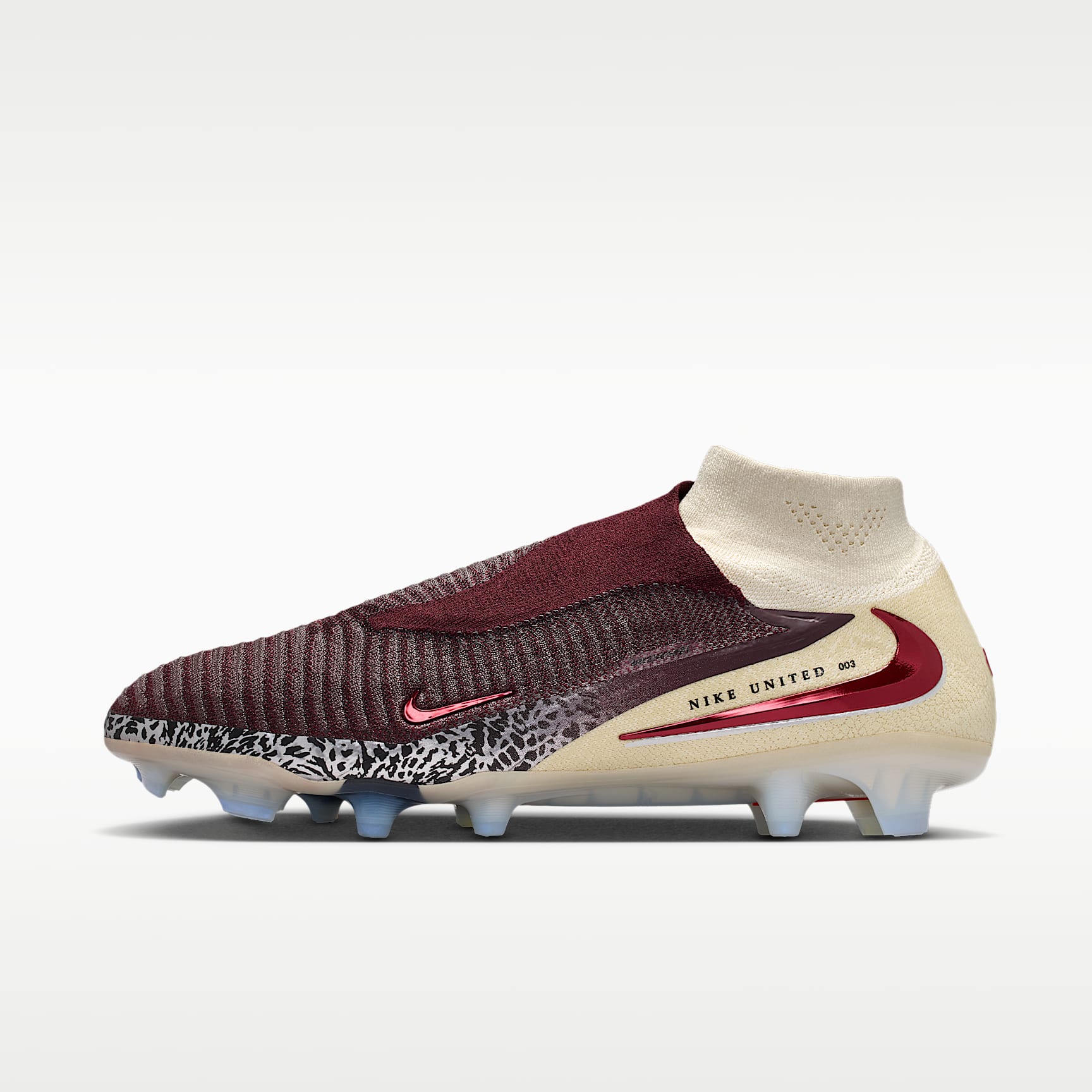 Nike United Phantom 6 High Elite Fußballschuh für normalen Rasen – Burgundy Crush/Fossil/University Red
