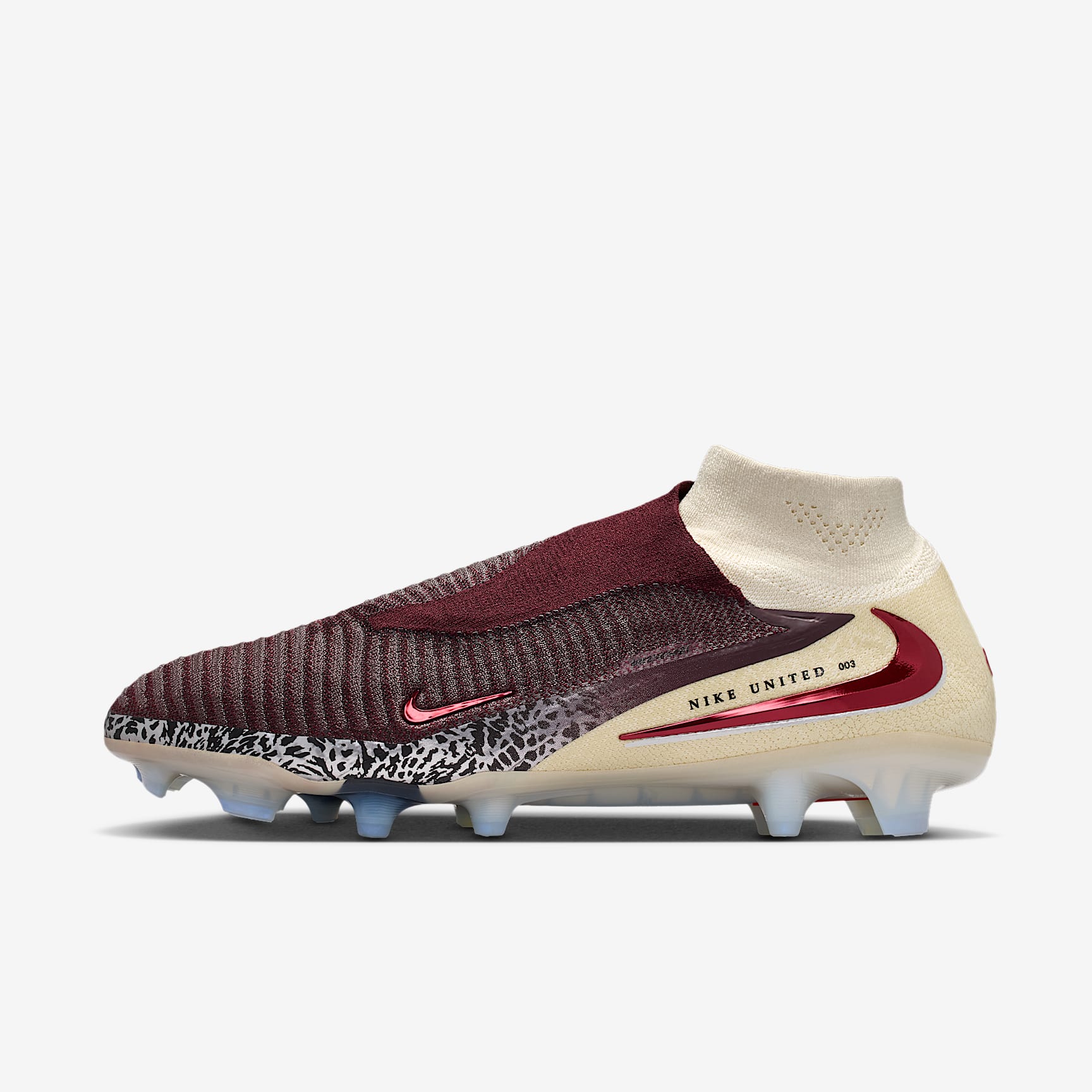 Nike United Phantom 6 High Elite Fußballschuh für normalen Rasen – Burgundy Crush/Fossil/University Red