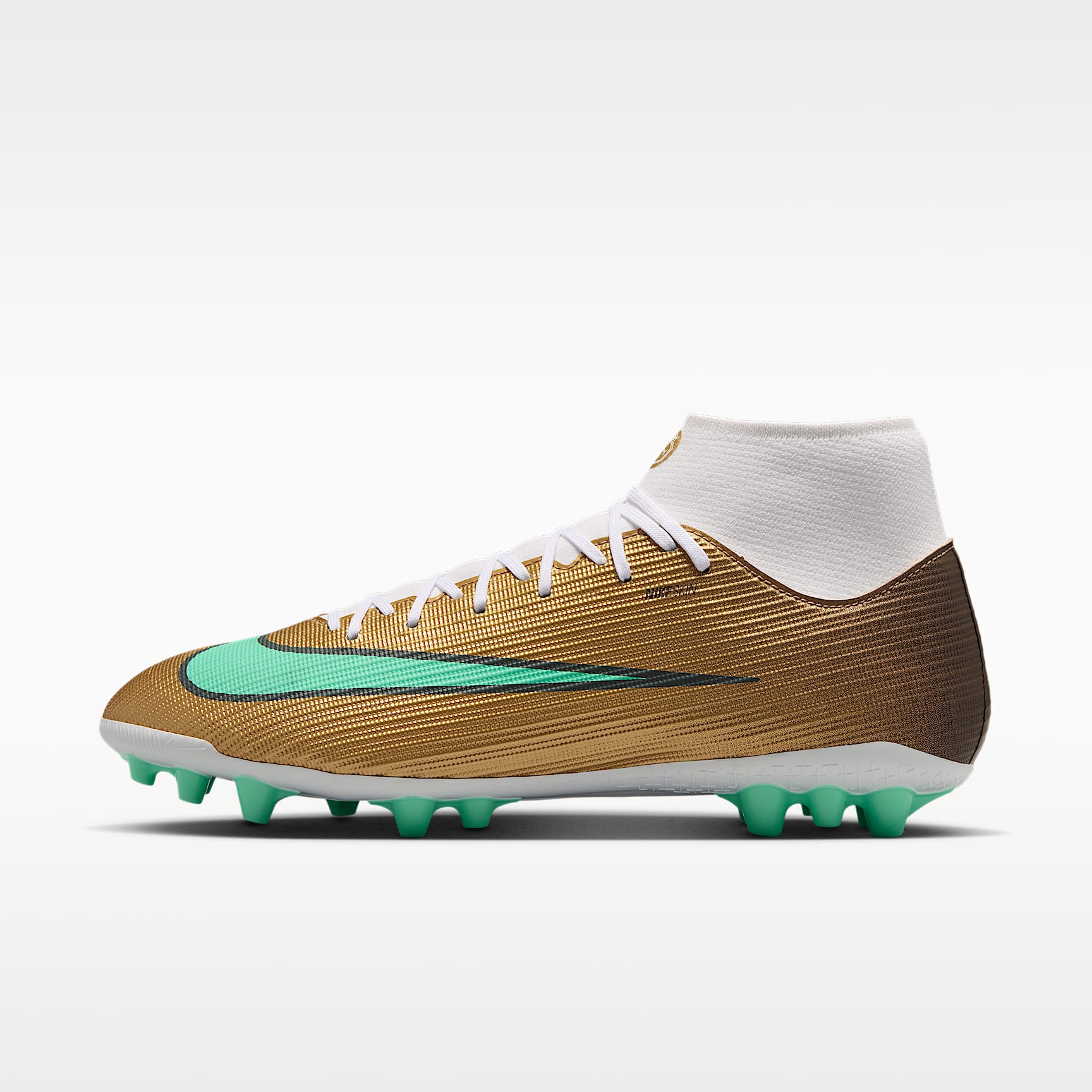 Nike Mercurial Superfly 11 Academy „Kylian Mbappé“ High-Top-Fußballschuh für Kunstrasen – Metallic Gold/Green Glow
