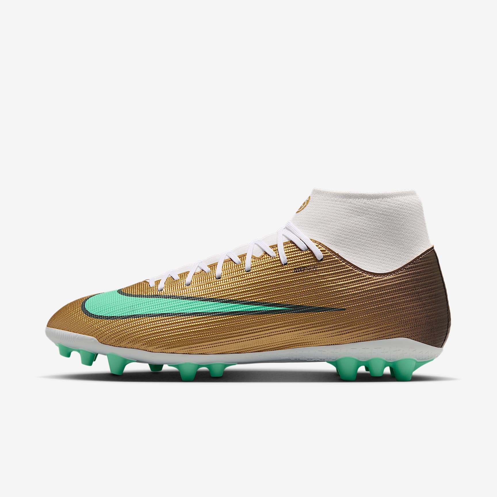 Nike Mercurial Superfly 11 Academy „Kylian Mbappé“ High-Top-Fußballschuh für Kunstrasen – Metallic Gold/Green Glow