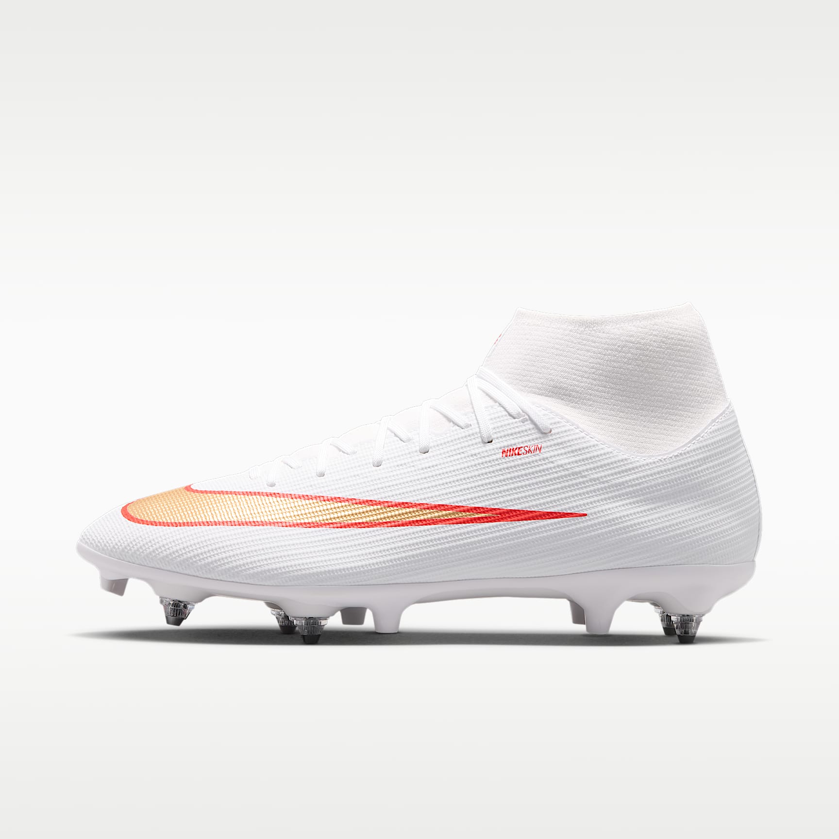 Nike Mercurial Superfly 11 Academy High-Top-Fußballschuh für weichen Rasen – Weiß/Bright Crimson/Blur