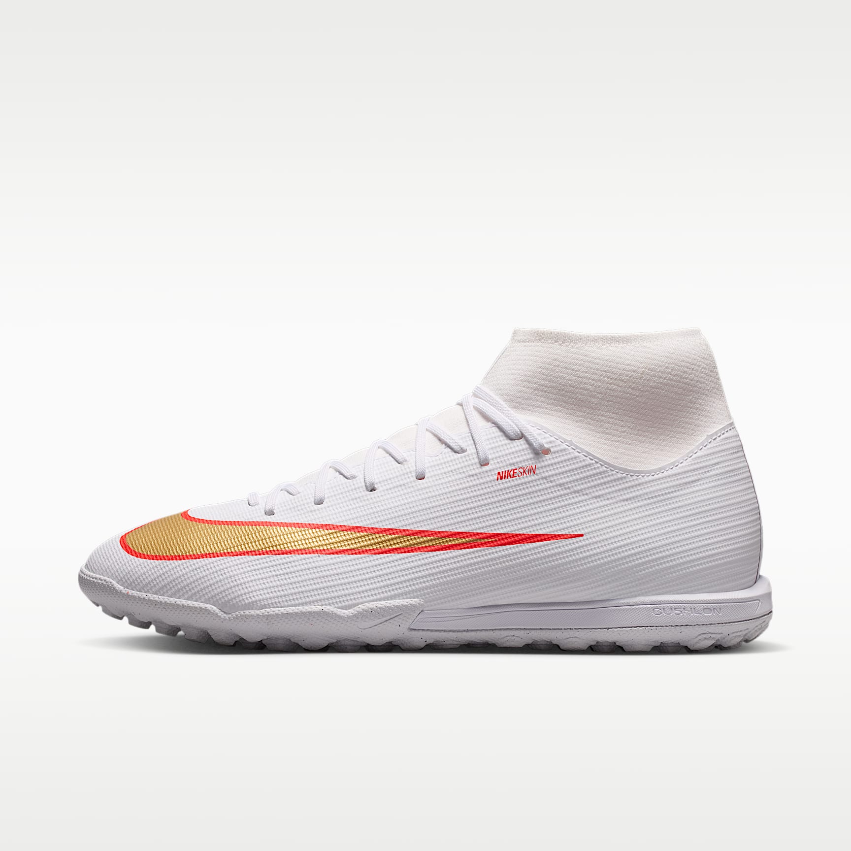 Nike Mercurial Superfly 11 Academy High-Top-Fußballschuh für Turf – Weiß/Bright Crimson/Blur