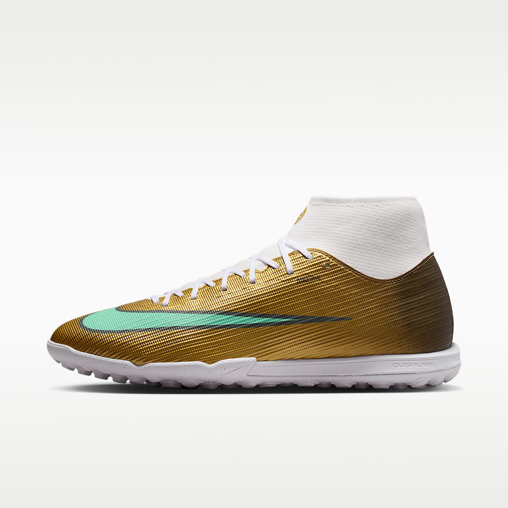 Nike Mercurial Superfly 11 Academy „Kylian Mbappé“ High-Top-Fußballschuh für Turf – Metallic Gold/Green Glow