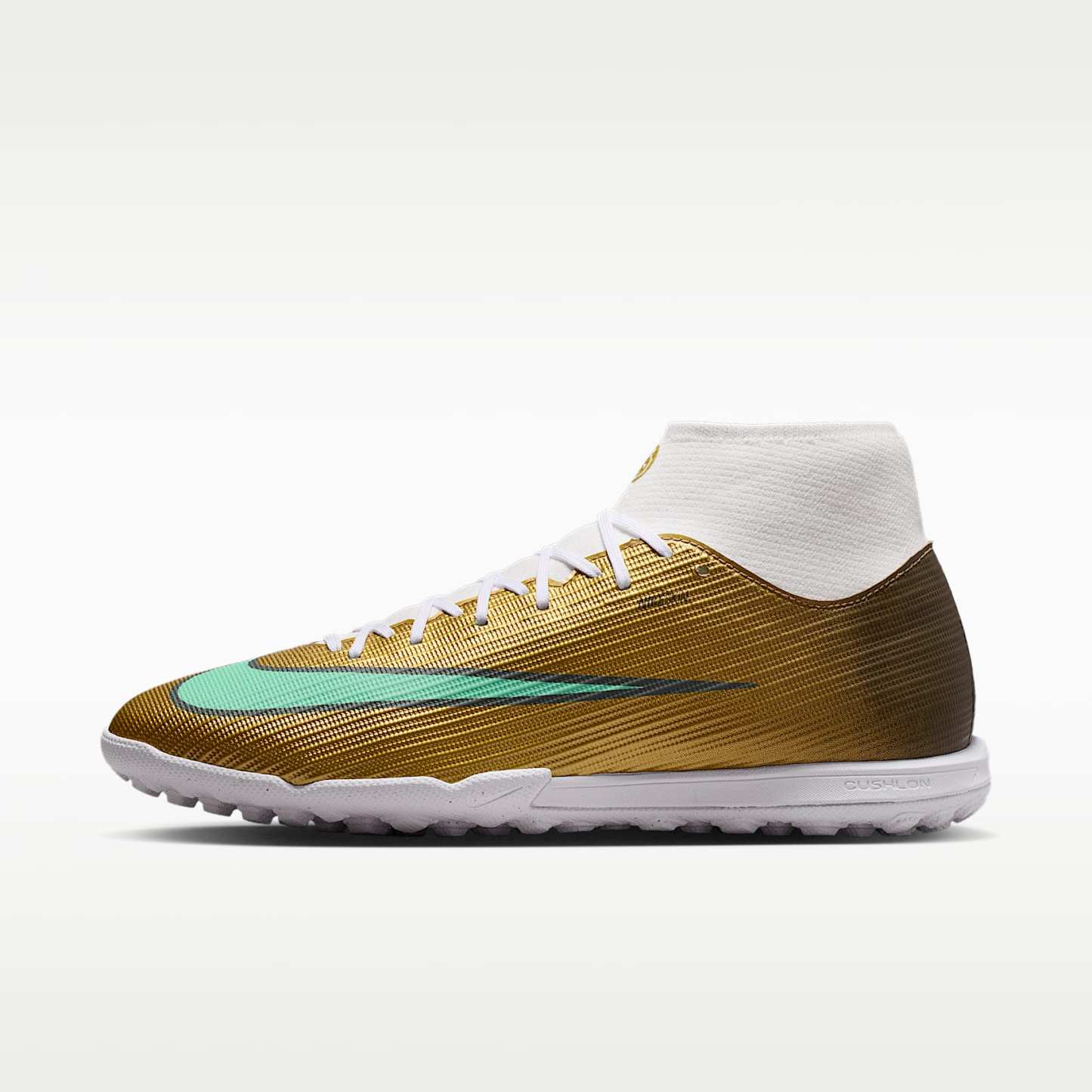 Nike Mercurial Superfly 11 Academy „Kylian Mbappé“ High-Top-Fußballschuh für Turf – Metallic Gold/Green Glow