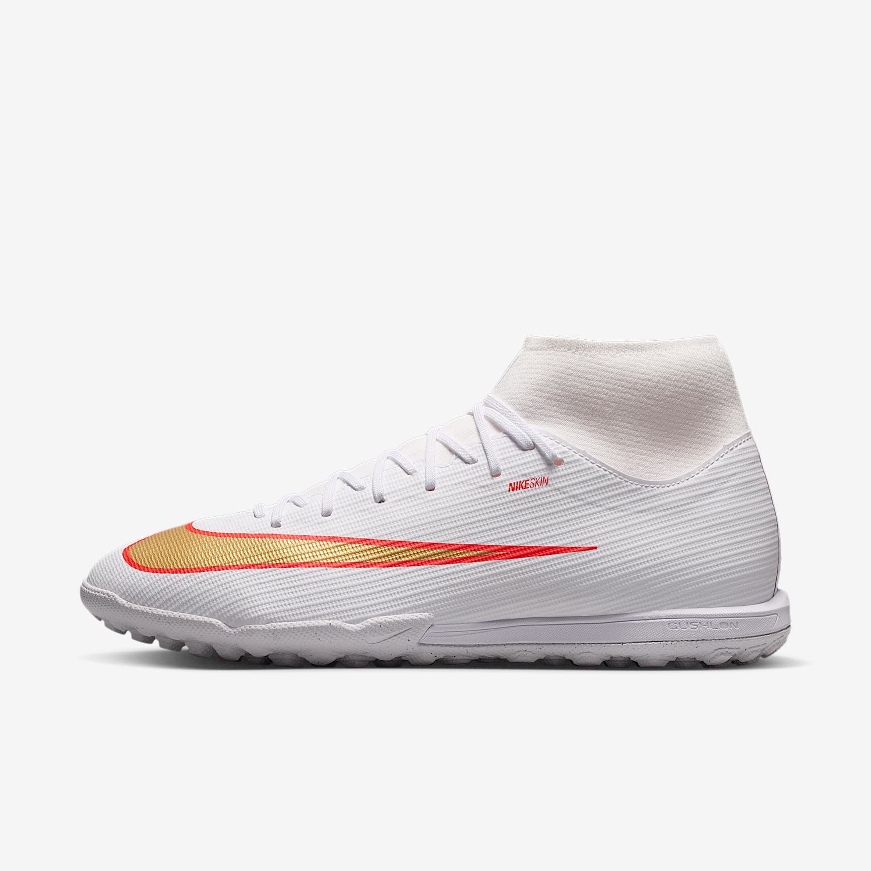 Nike Mercurial Superfly 11 Academy High-Top-Fußballschuh für Turf – Weiß/Bright Crimson/Blur