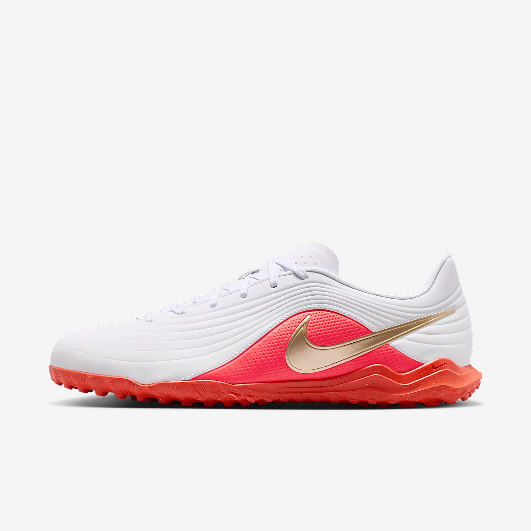 Nike Tiempo Maestro Club Low-Top-Fußballschuh für Turf – Weiß/Bright Crimson/Blur