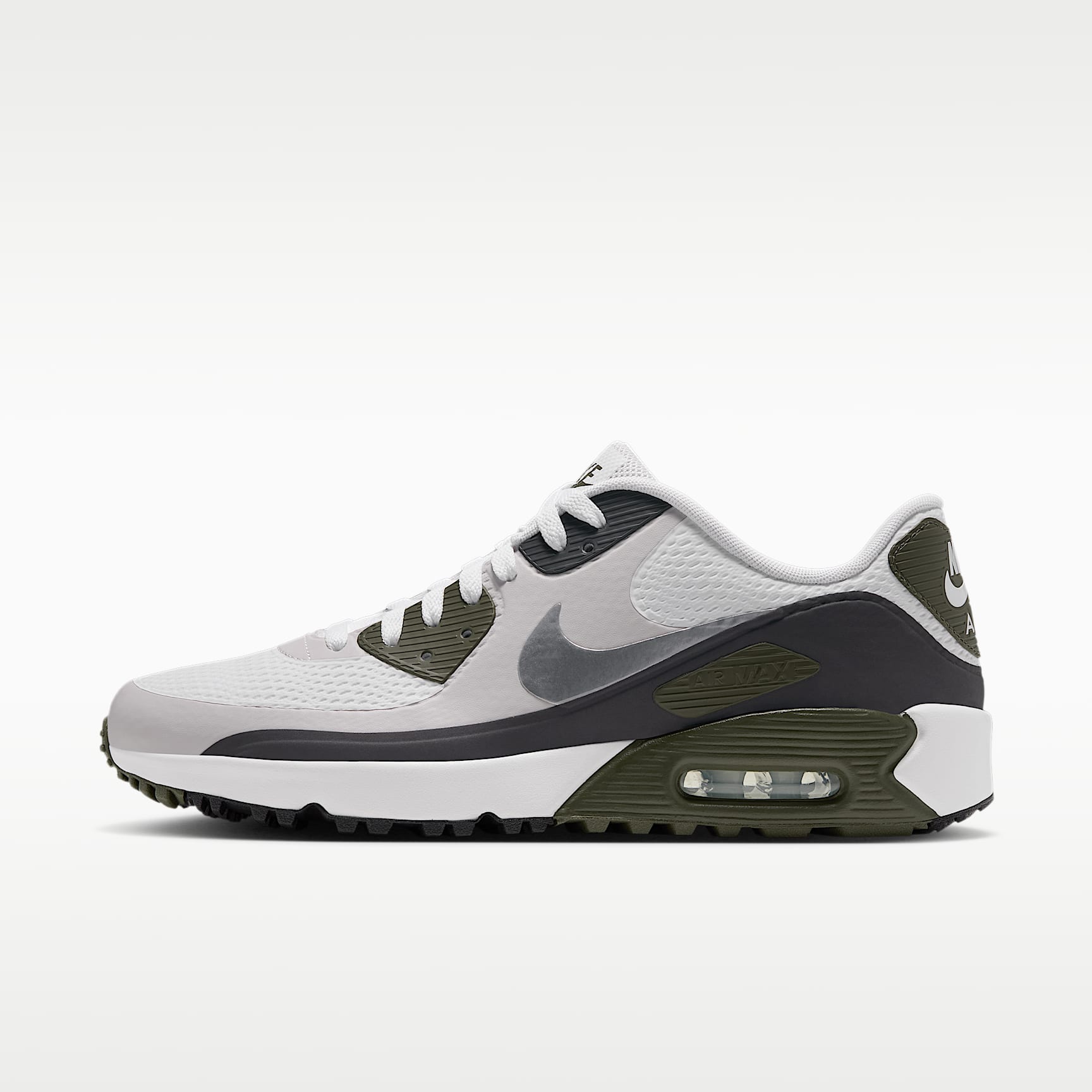 Nike Air Max 90 G Golfschuh – Weiß/Medium Olive/Vast Grey/Metallic Silver