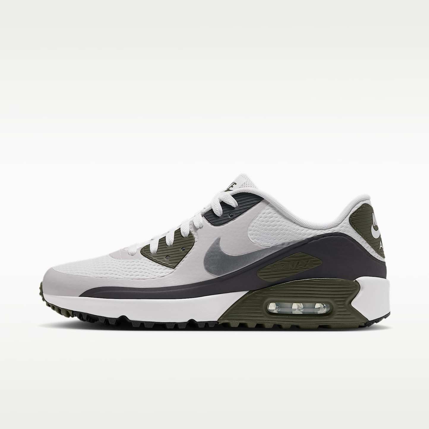 Nike Air Max 90 G Golfschuh – Weiß/Medium Olive/Vast Grey/Metallic Silver