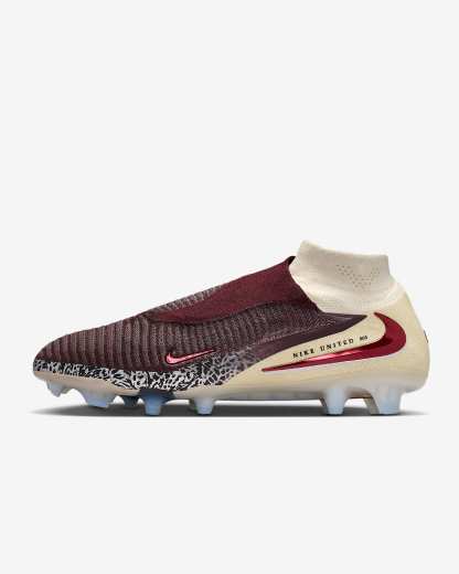 Nike United Phantom 6 High Elite Fußballschuh für normalen Rasen – Burgundy Crush/Fossil/University Red