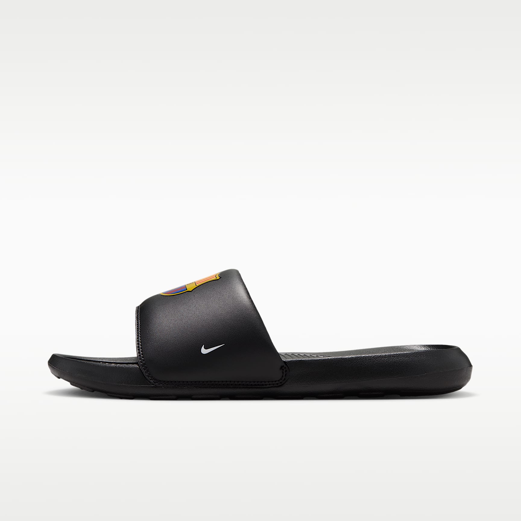 FC Barcelona Victori One Nike Fußball-Slides (Herren) – Schwarz/Midwest Gold/Imperial Purple