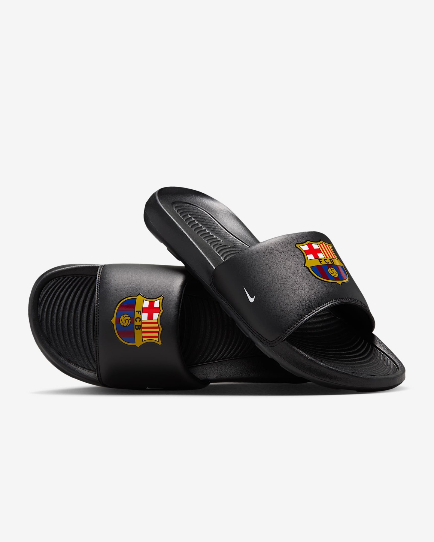 FC Barcelona Victori One Nike Fußball-Slides (Herren) – Schwarz/Midwest Gold/Imperial Purple