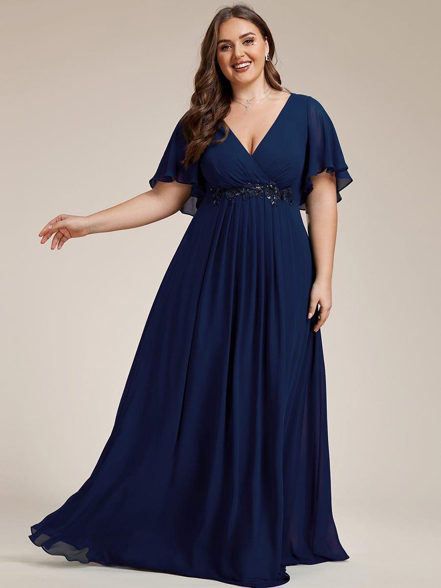 Navy blue plus size floral appliqu&eacute; chiffon evening dress, front view
