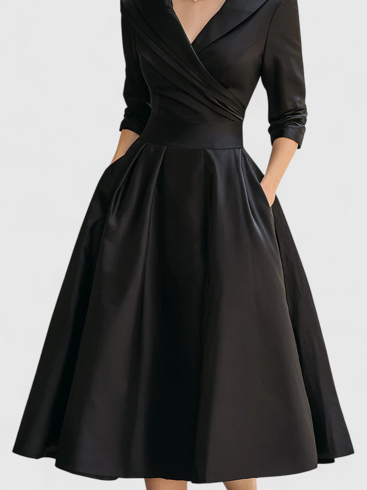 Women's Cocktail V Neck 3/4 Sleeve Midi Dress with Pockets