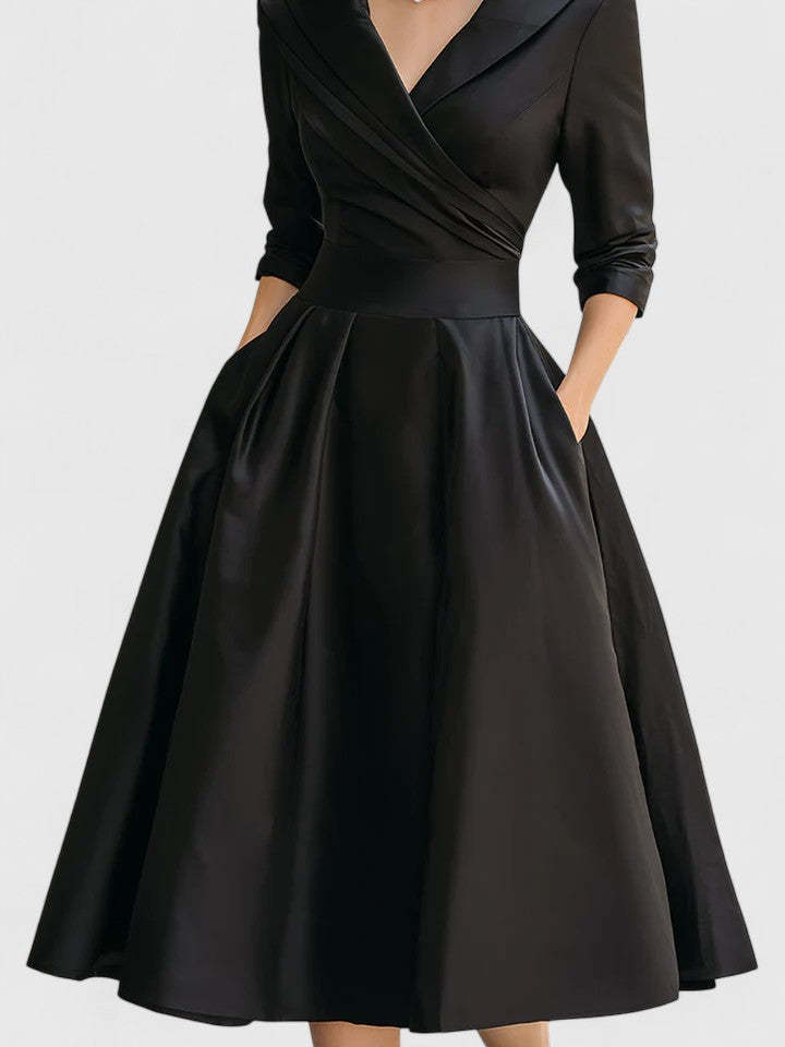 Women's Cocktail V Neck 3/4 Sleeve Midi Dress with Pockets