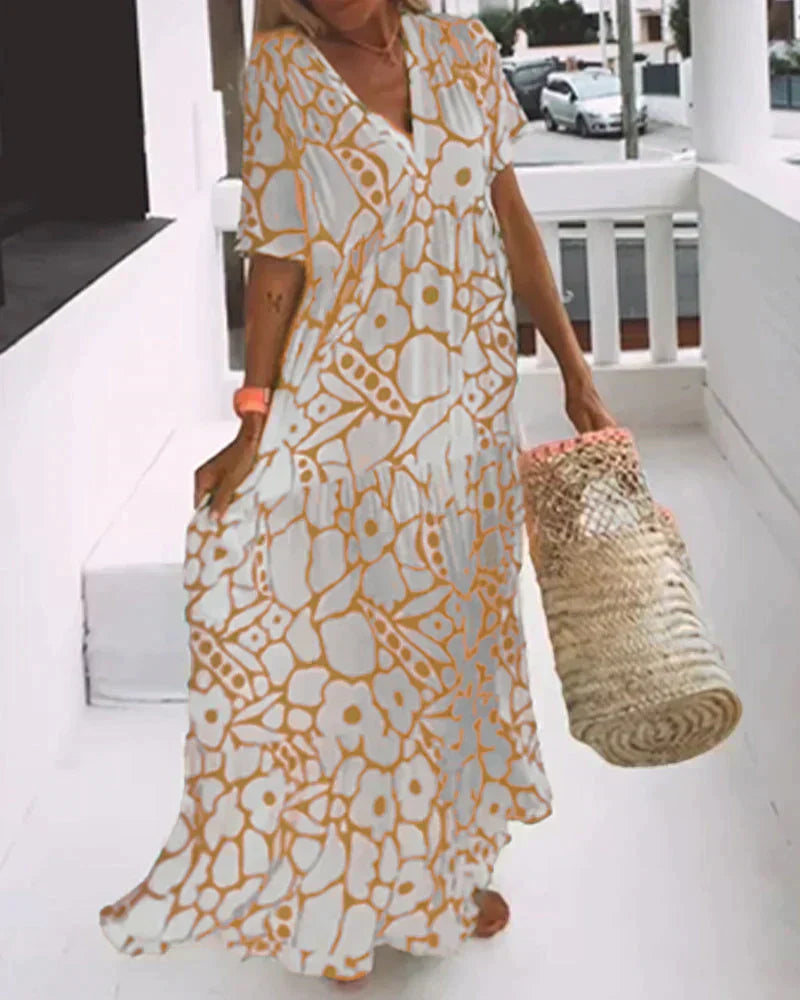 Women's Summer Floral V Neck Flutter Sleeve Maxi Dress