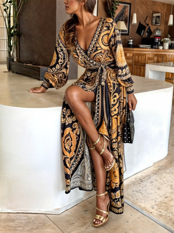 Black and gold baroque print wrap maxi dress with high side slit and long sleeves for women
