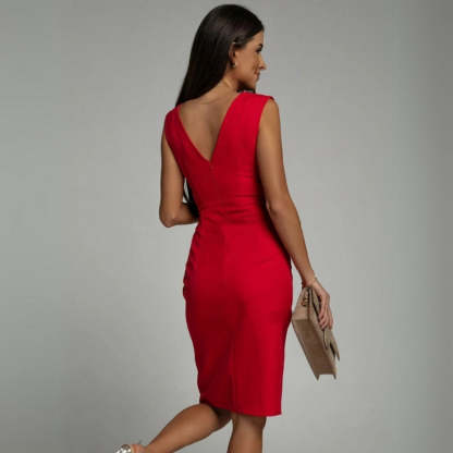 Women's Cocktail V Neck Sleeveless Midi Dress With Slit