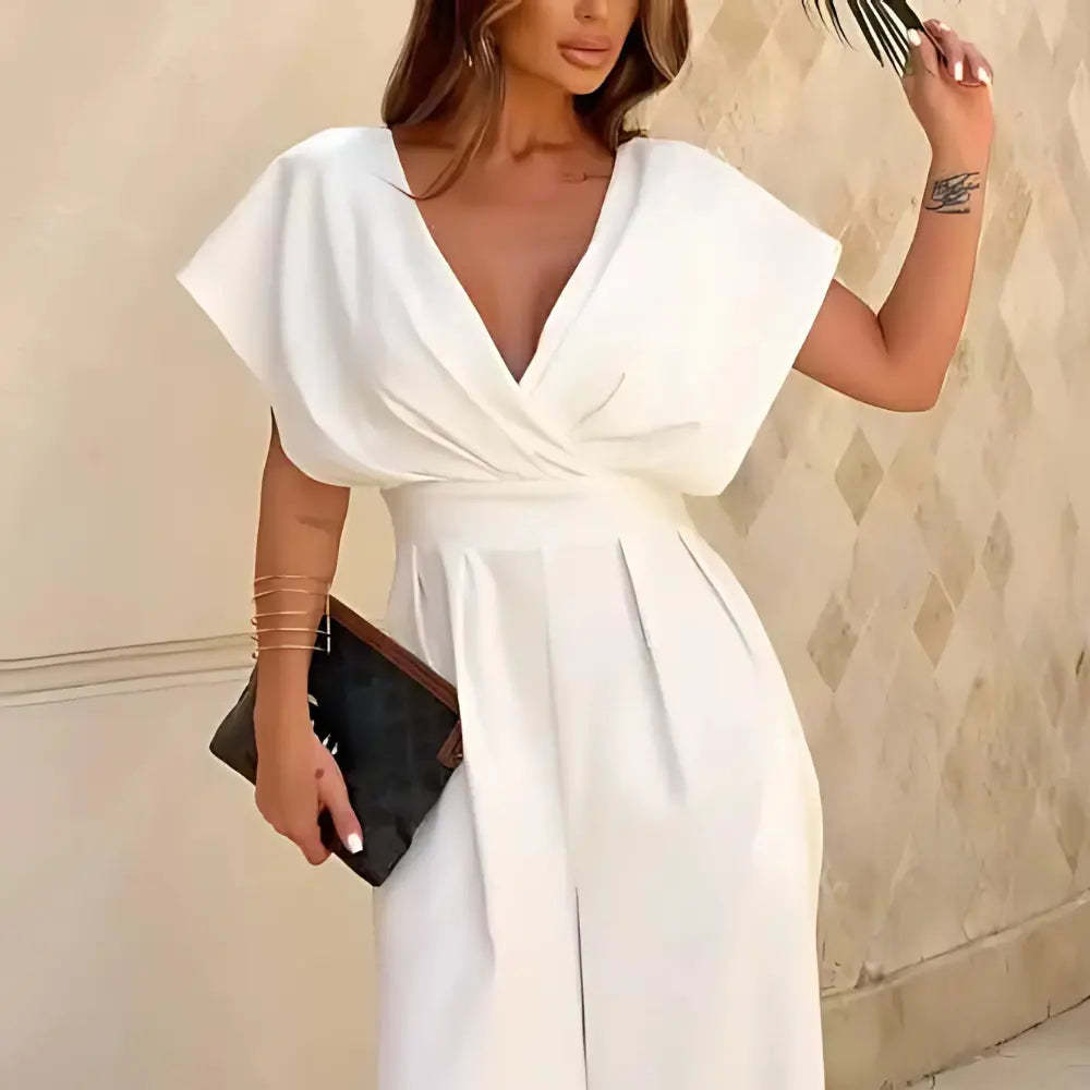 Women's Cocktail Wide Leg V Neck Flutter Sleeve Jumpsuit