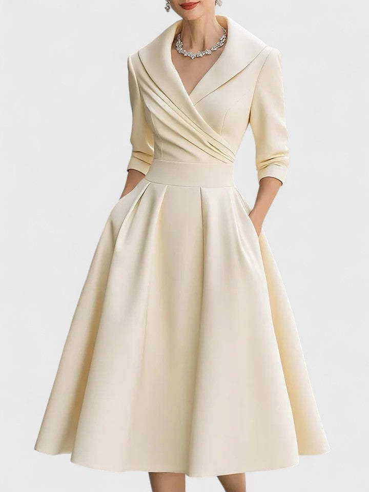 Women's Cocktail V Neck 3/4 Sleeve Midi Dress with Pockets