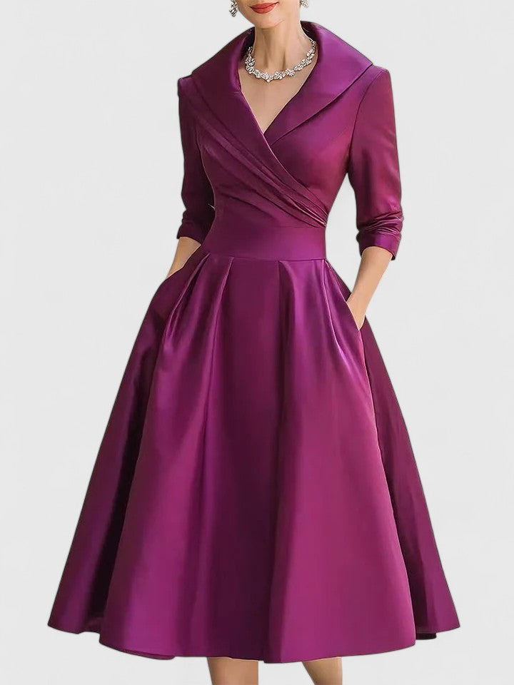 Women's Cocktail V Neck 3/4 Sleeve Midi Dress with Pockets