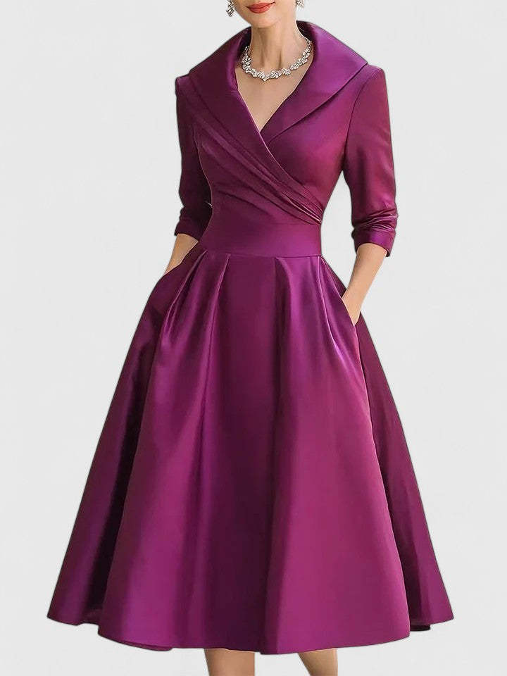 Women's Cocktail V Neck 3/4 Sleeve Midi Dress with Pockets