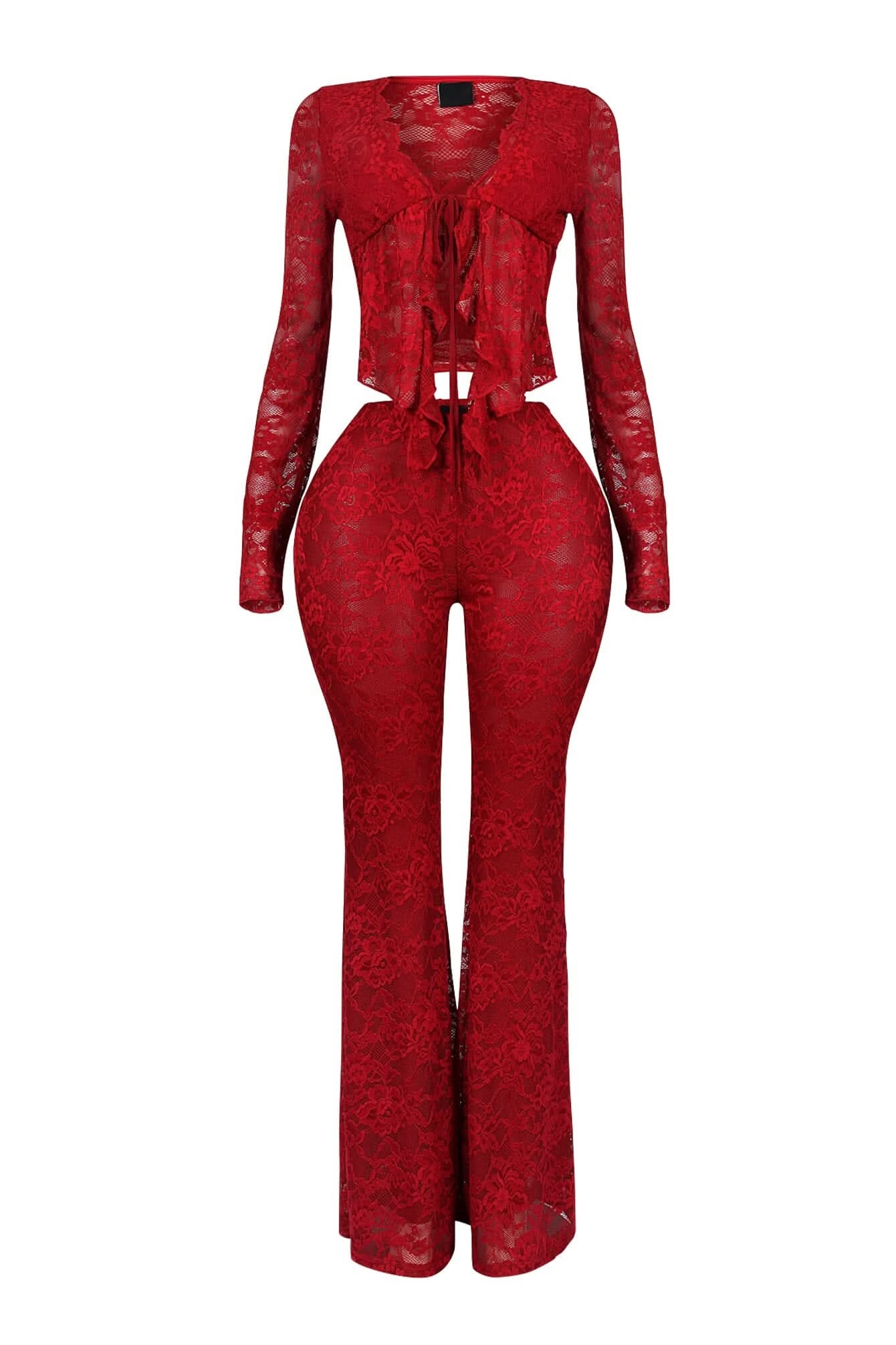 Red lace flared pants with high waist and lace pattern