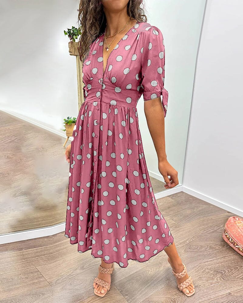 Women's Cocktail Polka Dot V Neck Midi Dress