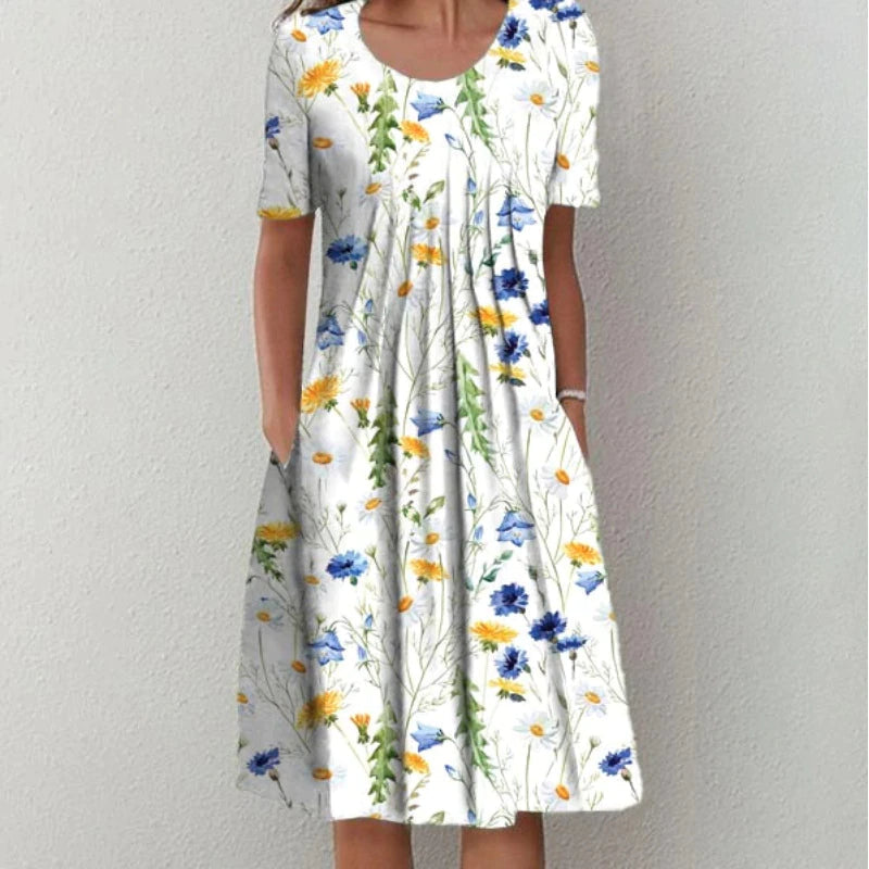 Women's Summer Floral Scoop Neck Midi Dress With Pockets