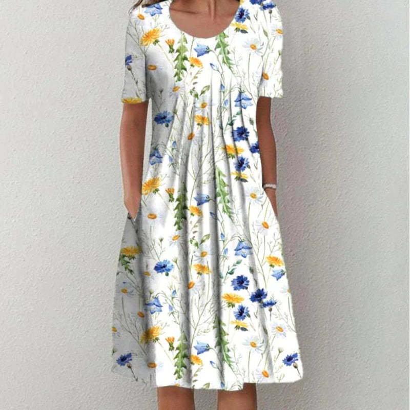 Women's Summer Floral Scoop Neck Midi Dress With Pockets