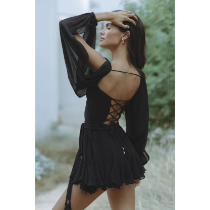 Women's Cocktail V Neck Mini Dress With Sheer Long Sleeves - product image 3