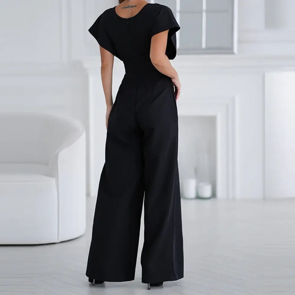Women's Cocktail Wide Leg V Neck Flutter Sleeve Jumpsuit
