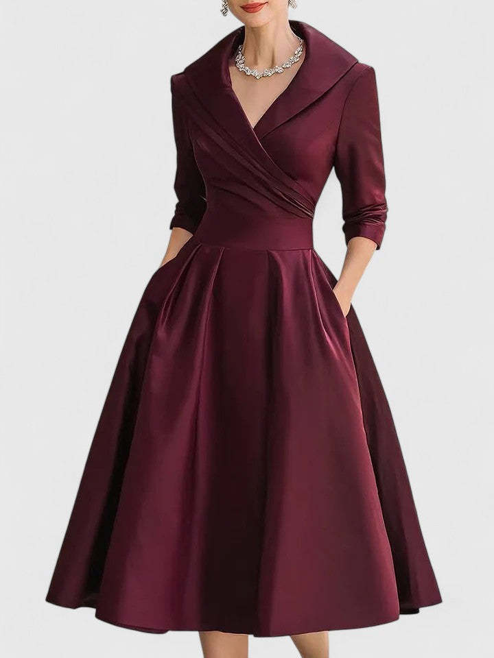 Women's Cocktail V Neck 3/4 Sleeve Midi Dress with Pockets
