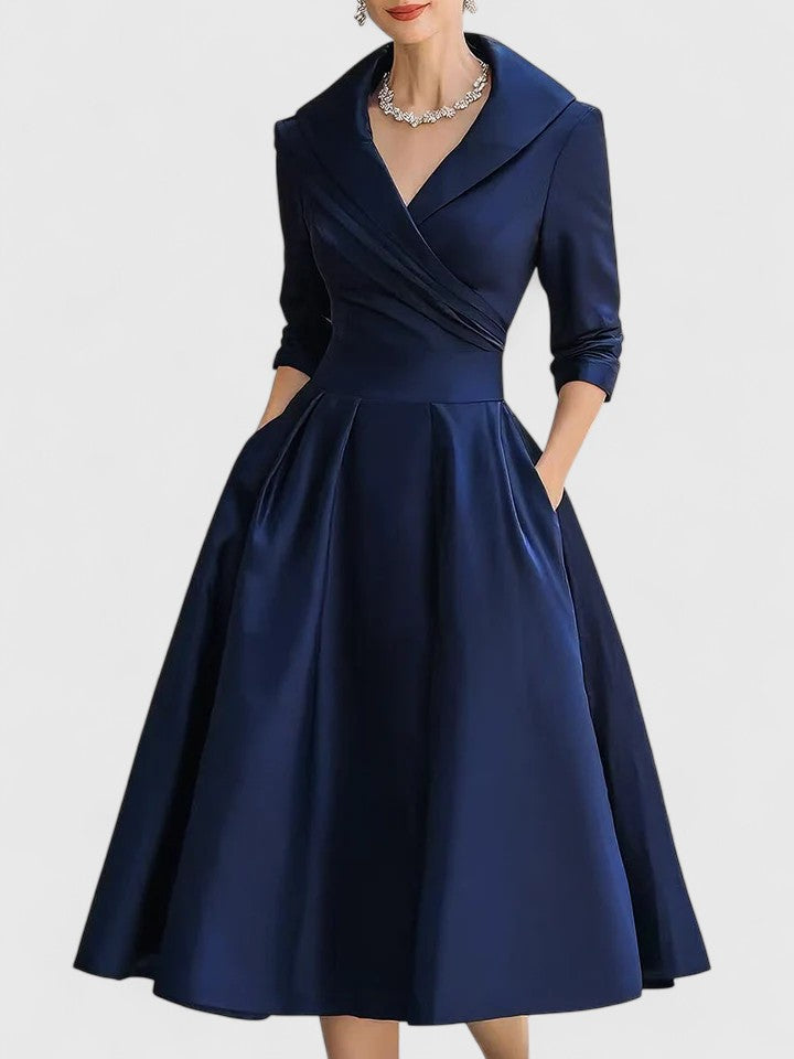 Women's Cocktail V Neck 3/4 Sleeve Midi Dress with Pockets