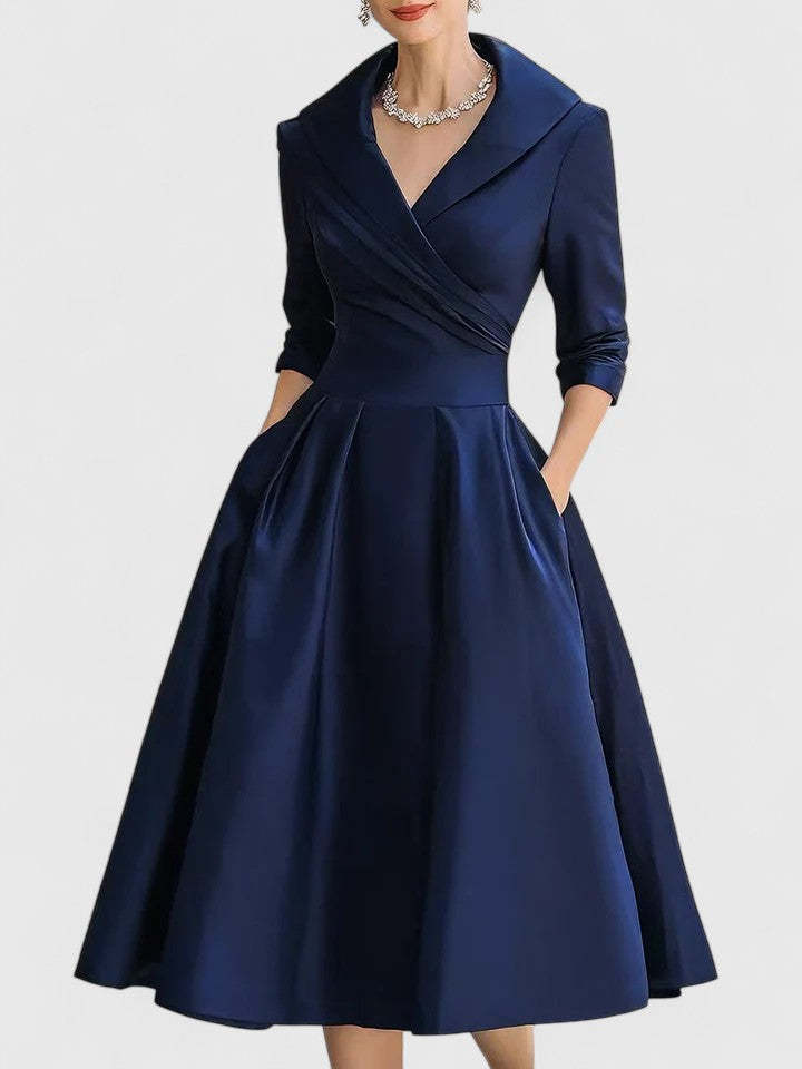 Women's Cocktail V Neck 3/4 Sleeve Midi Dress with Pockets