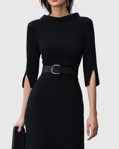 Women's Cocktail High Neck Belted Midi Dress