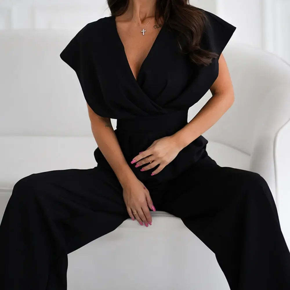 Women's Cocktail Wide Leg V Neck Flutter Sleeve Jumpsuit