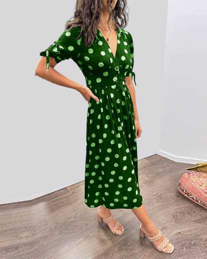 Women's Cocktail Polka Dot V Neck Midi Dress