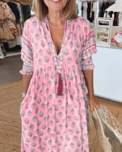 Women's Summer Floral V Neck Maxi Dress with Tassel Tie