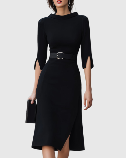 Black midi dress with high collar, belted waist, and slit sleeve cuffs for women