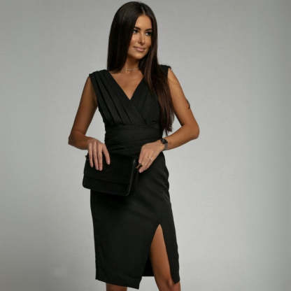 Women's Cocktail V Neck Sleeveless Midi Dress With Slit