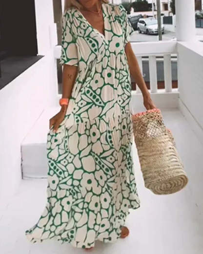 Women's Summer Floral V Neck Flutter Sleeve Maxi Dress